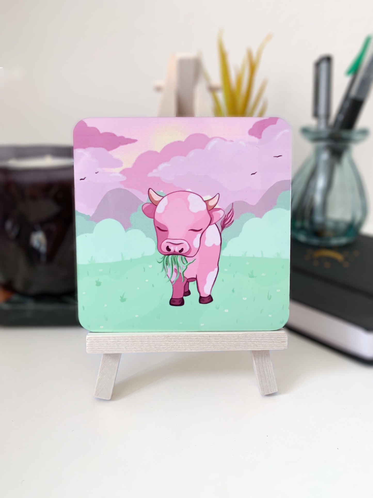 Strawberry Cow In Pink Clouds Coaster